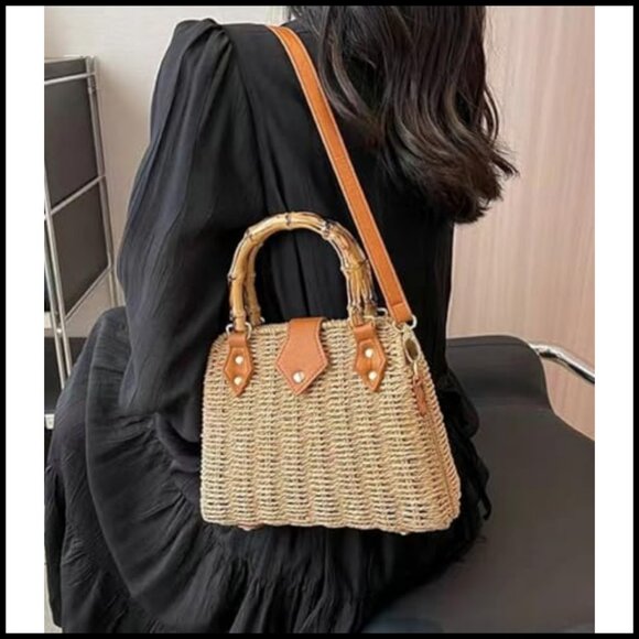 Rattan Woven Crossbody Shoulder Bag Minimalist Boho Summer Beach Tote - Picture 3 of 7